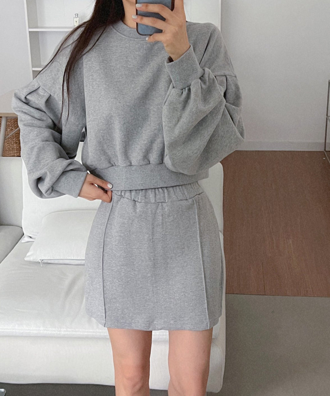 Pintuck Sleeve Cropped Sweatshirt & Terry Skirt Training Set